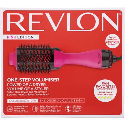 Revlon One-Step Volumiser packaging in pink edition, featuring a combination dryer and styler with claims of 22% more shine and fan favorite rating.