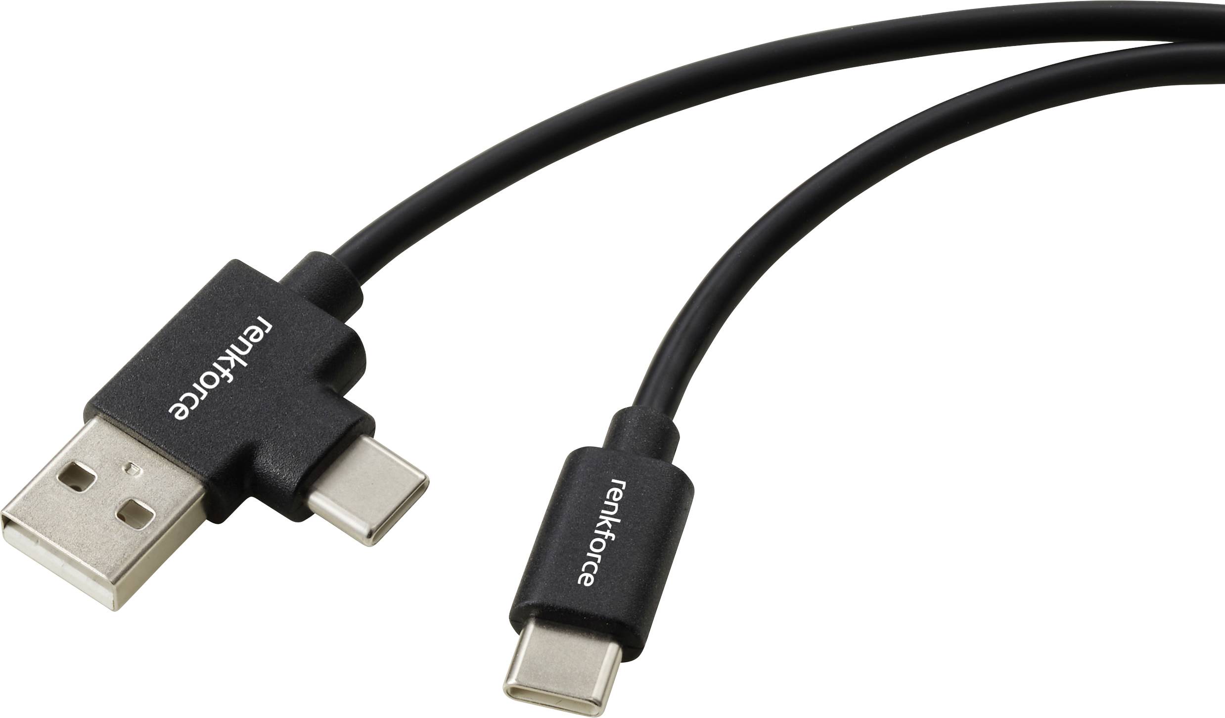 Black USB-A to USB-C cable with a right-angle USB-C connector, shown on a white background.