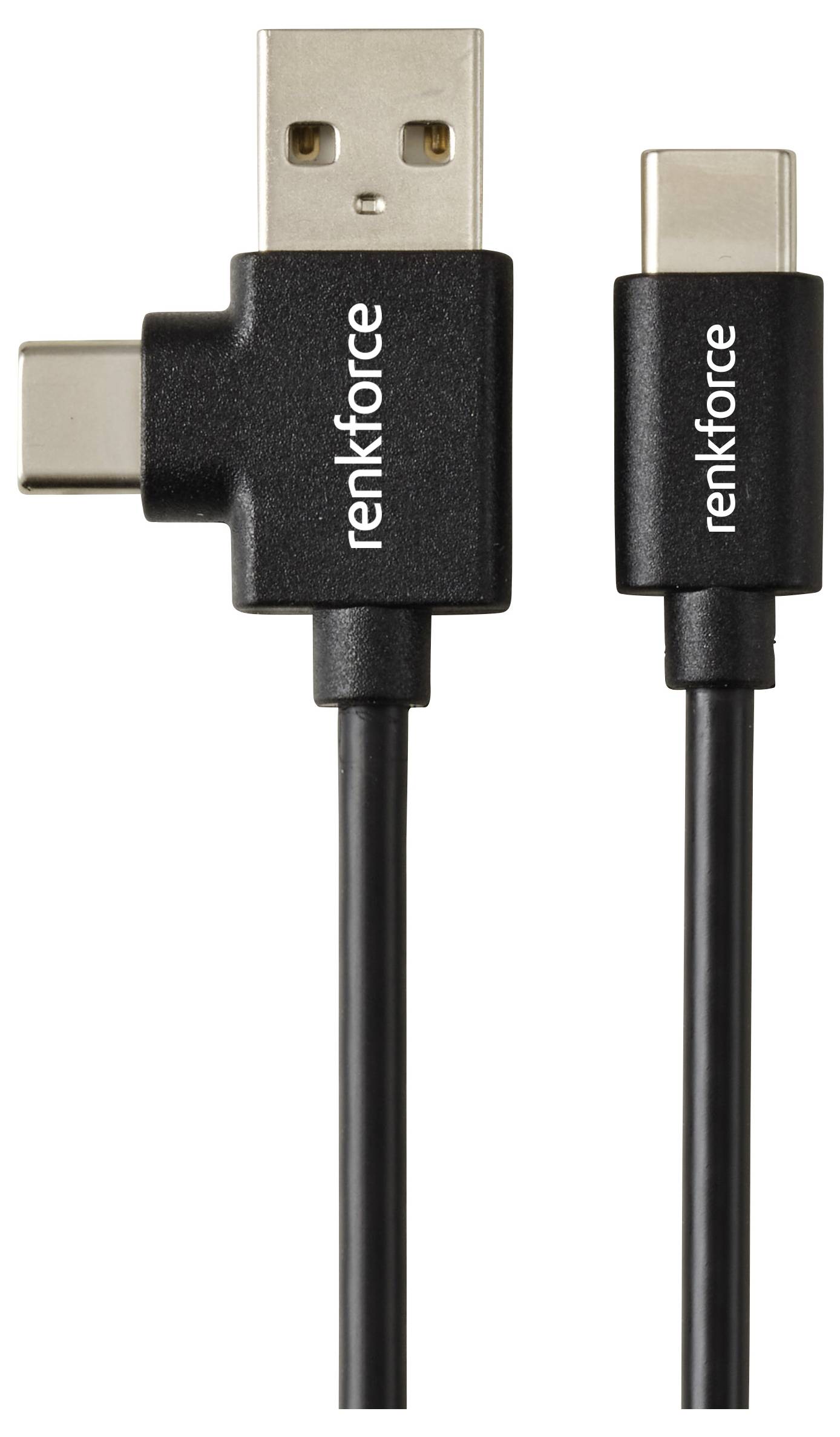 'Renkforce' USB cable with one standard USB-A plug and two USB-C plugs.