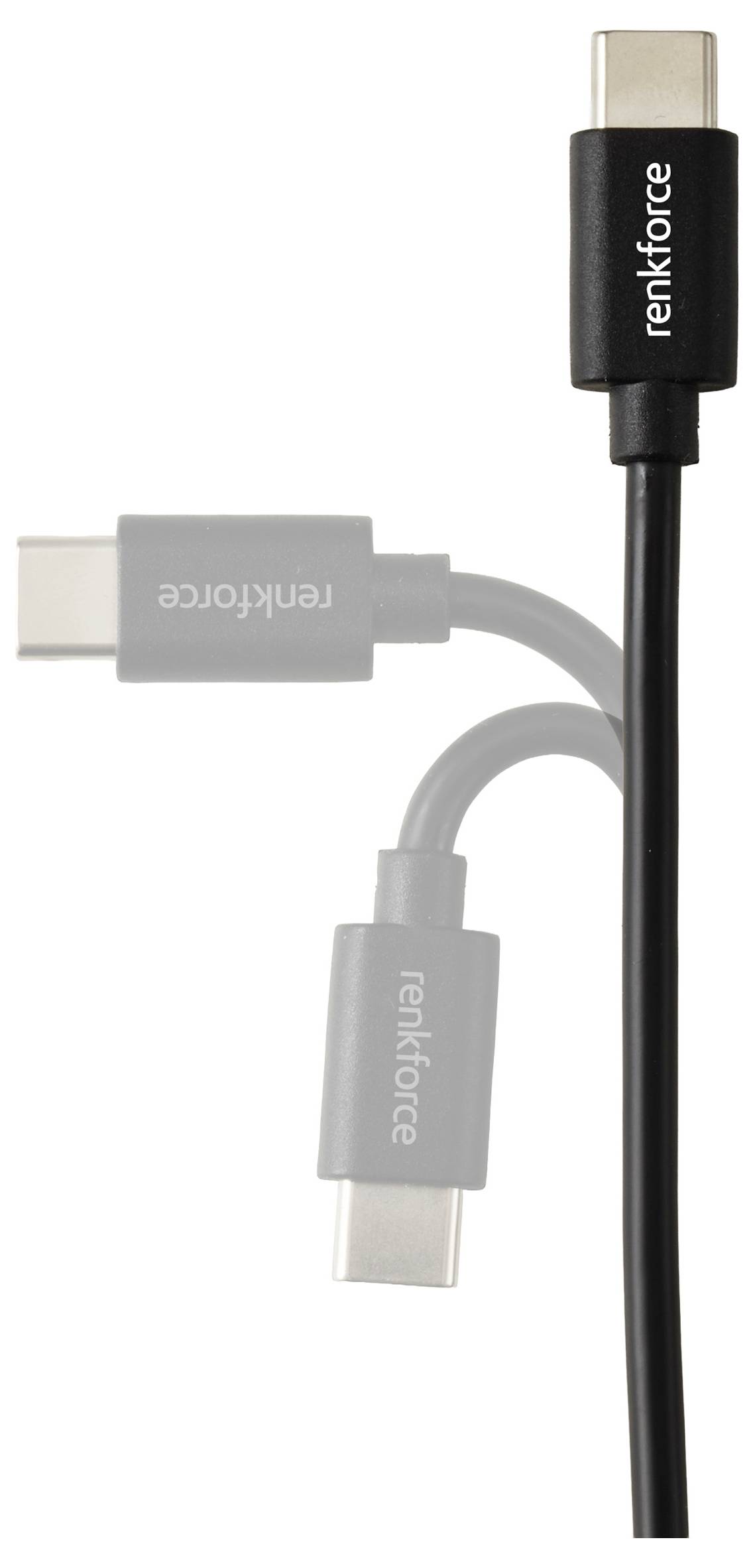 A USB-C cable with a black connector labeled 'renkforce', shown in three positions, depicting its flexibility and design.