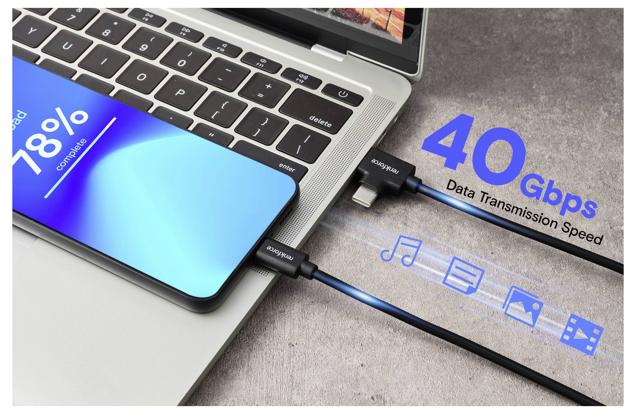 A smartphone connected to a laptop via a cable displays '18% complete'. Text reads '40 Gbps Data Transmission Speed' with music and file icons.