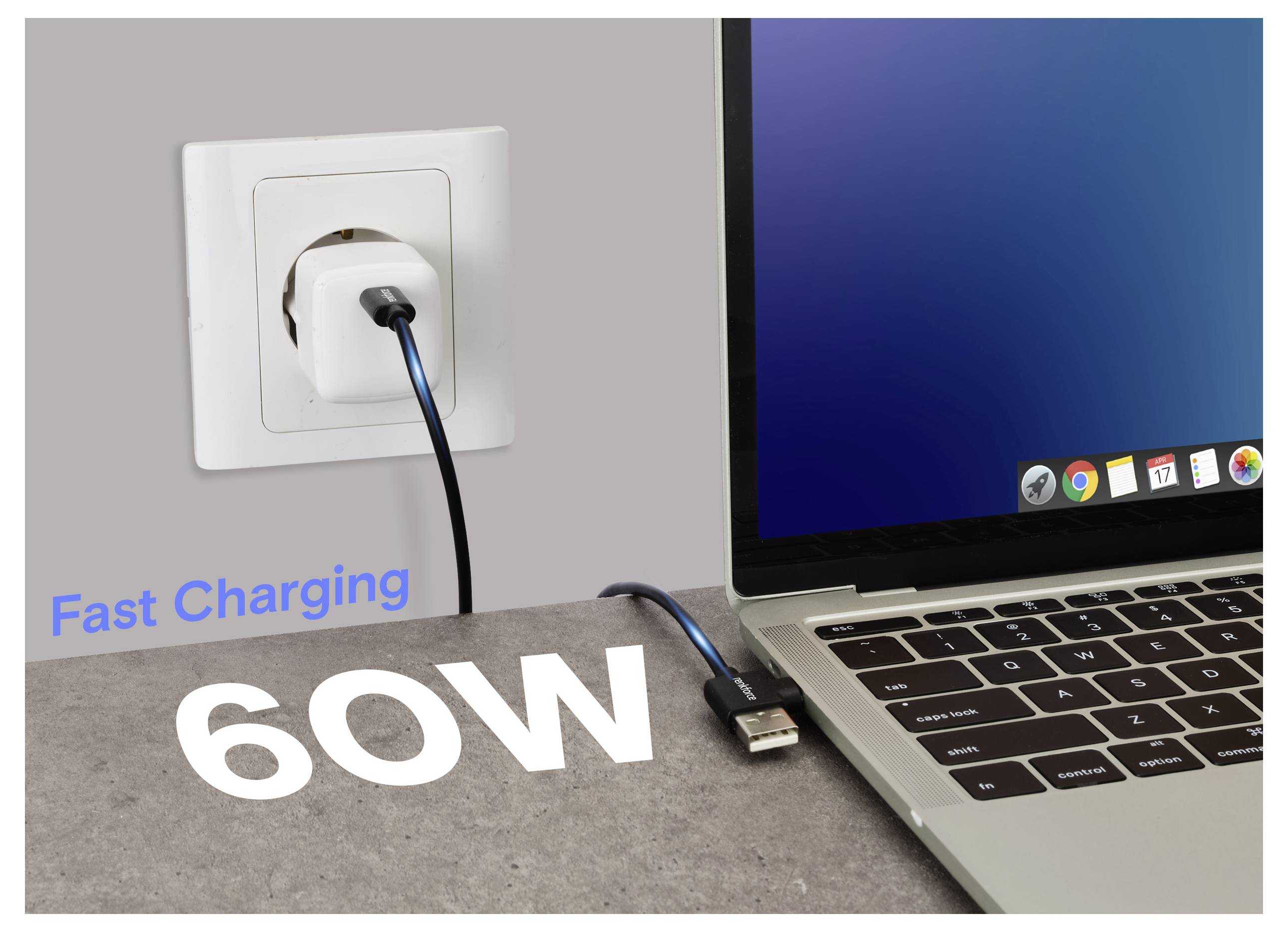 'Fast Charging 60W' text next to a laptop connected to a power outlet, indicating high-speed charging capability.