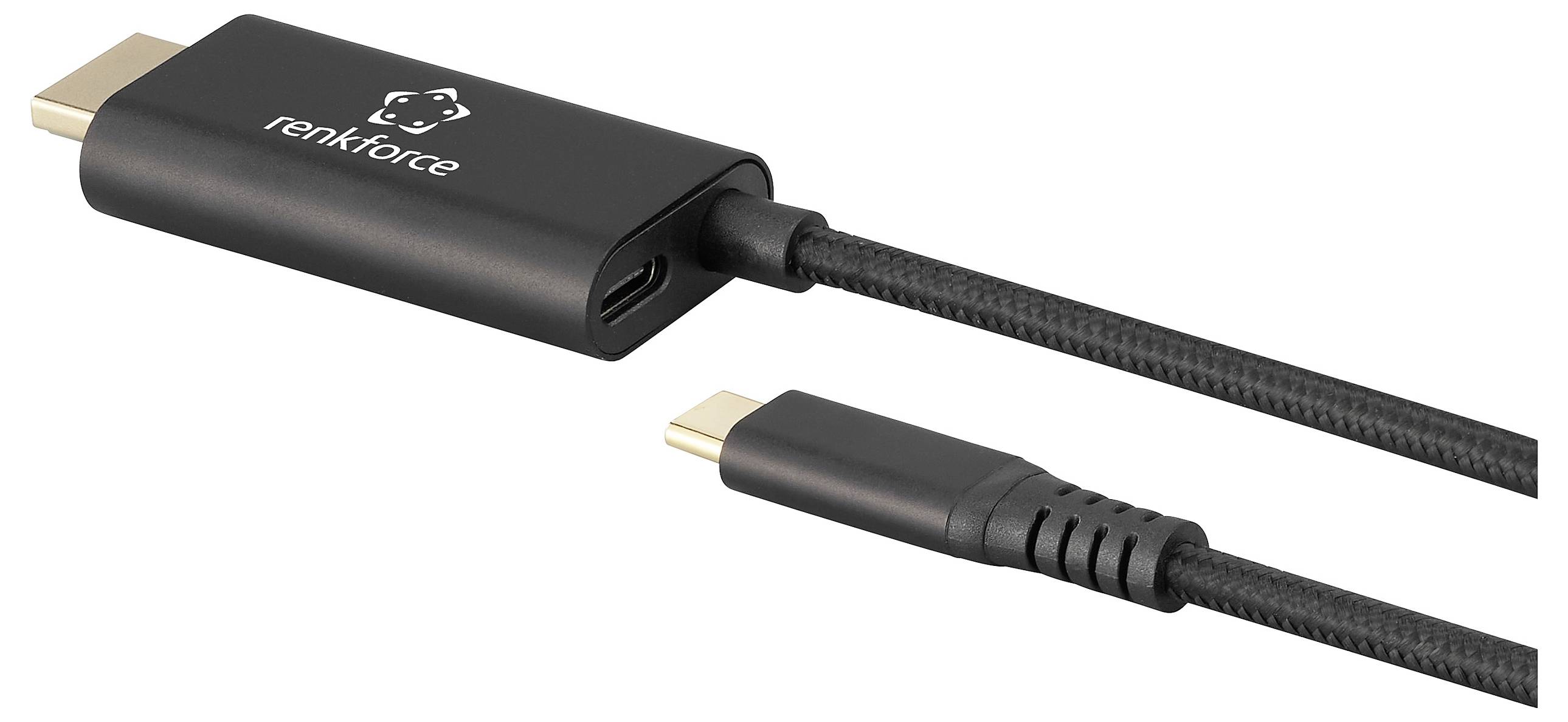 'Renkforce USB-C to HDMI adapter cable, black, with braided design for enhanced durability.'