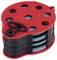 A red and black multi-spool cable organizer with a flat design, featuring four separate compartments for neatly winding and storing cables.