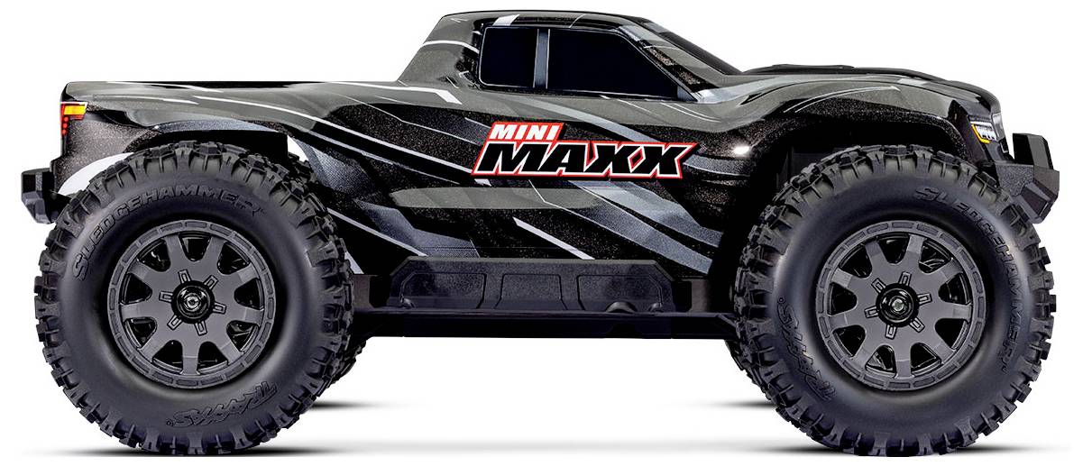 A black and gray remote-controlled truck labeled 'MINI MAXX' with oversized tires, shown in a side profile view.