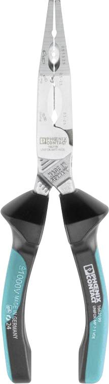 A pair of needle-nose pliers with wire-cutting capability and black and teal handles, branded 'Phoenix Contact'.