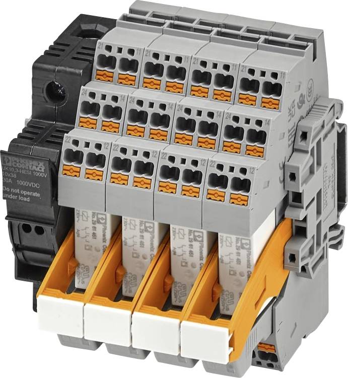 Electrical terminal block with multiple connection points; grey and orange components are visible for wiring organization.