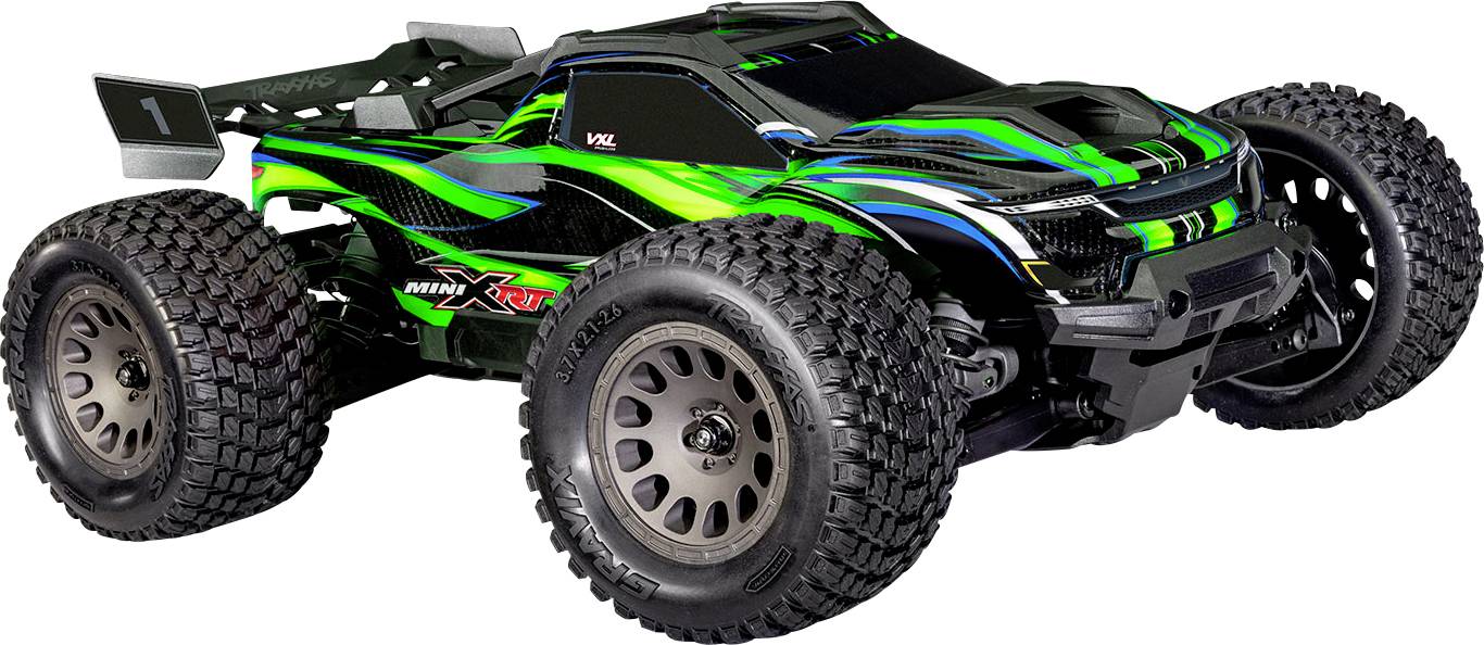 A green and black remote-controlled off-road car with large tires and a sporty design, displayed against a plain backdrop.