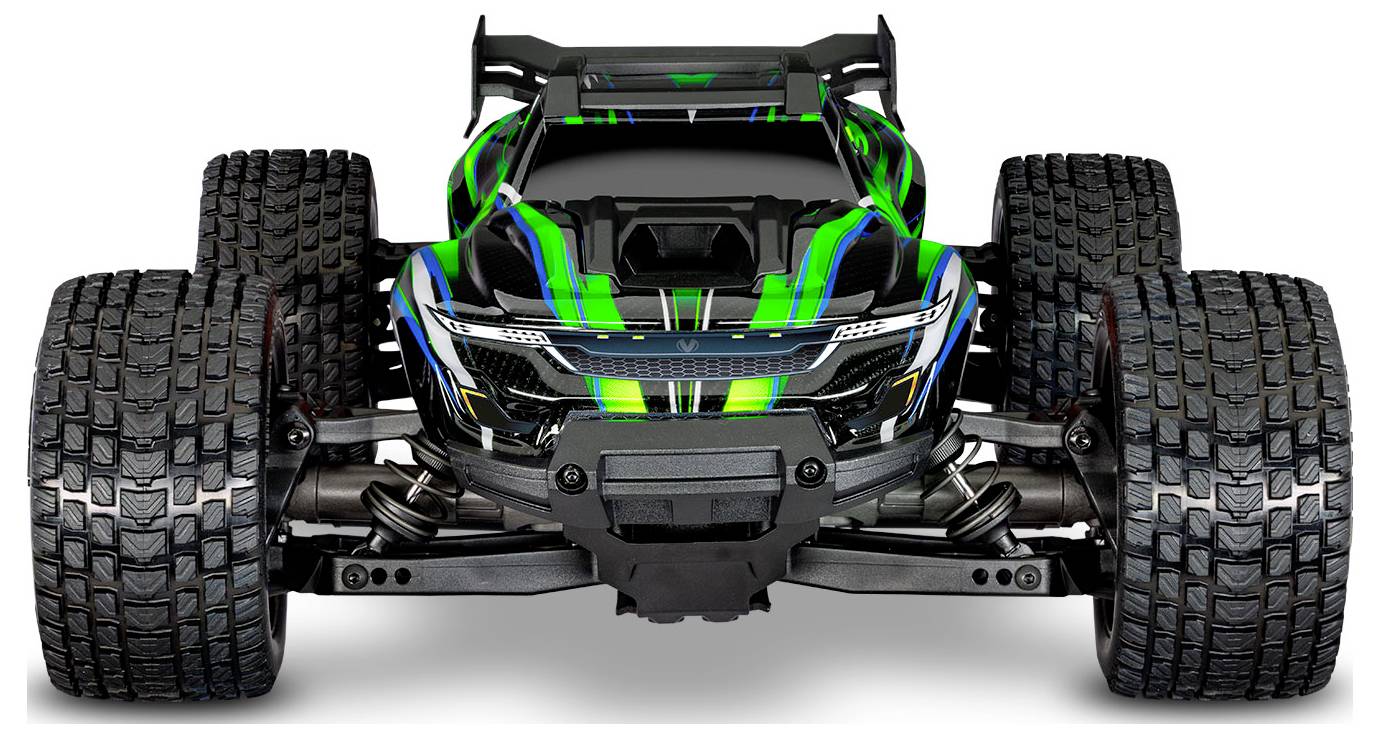 A black and green remote-controlled car with large, textured tires is shown from the front, emphasizing its rugged build and sporty design.