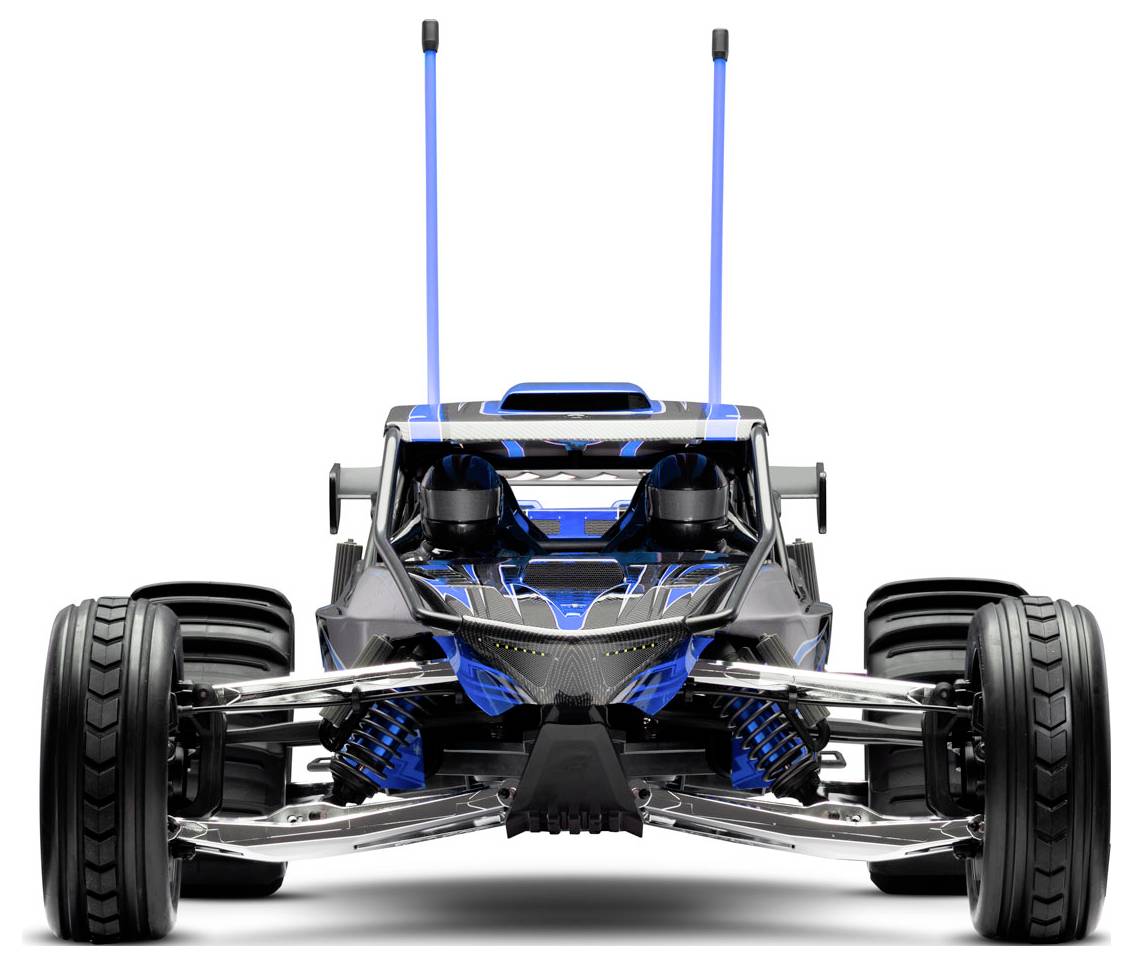A blue and black remote-controlled car with large tires and two antennas, viewed from the front, showcasing its detailed design features.