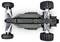 Bottom view of a black and silver RC car chassis, showing suspension, wheels, and structural components.