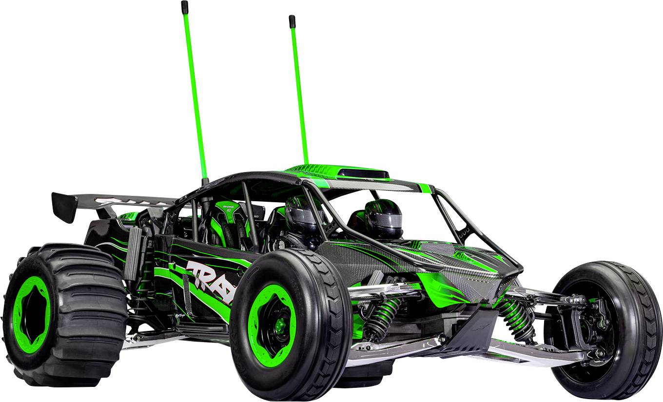 A green and black remote-controlled off-road car with large wheels and antennas, designed for rugged terrain.