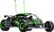 A green and black remote-controlled off-road car with large wheels and antennas, designed for rugged terrain.