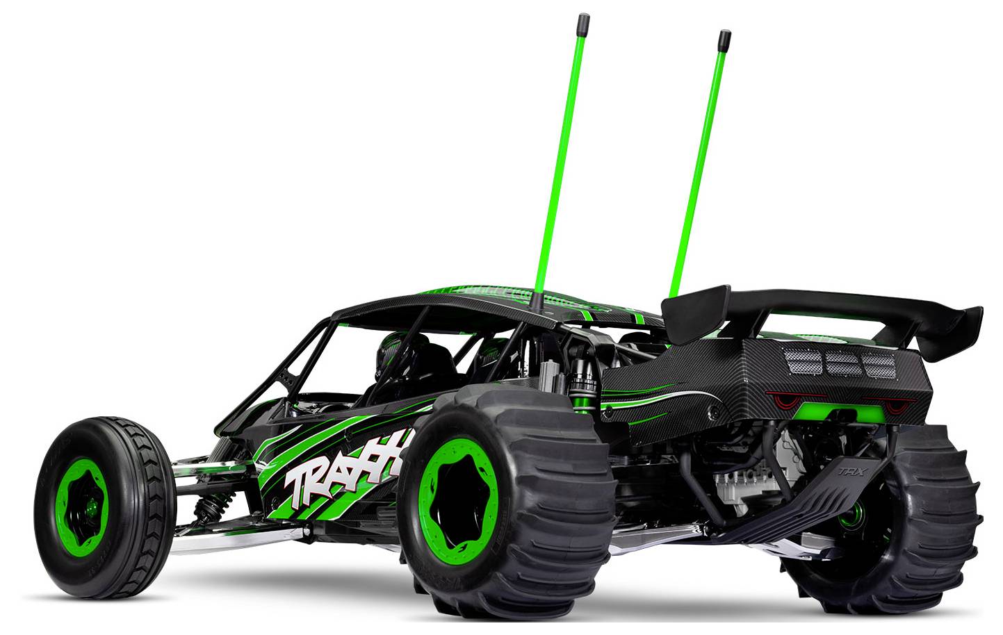 A remote-controlled off-road buggy with neon green accents and large tires, featuring a visible 'Traxxas' logo on the side.