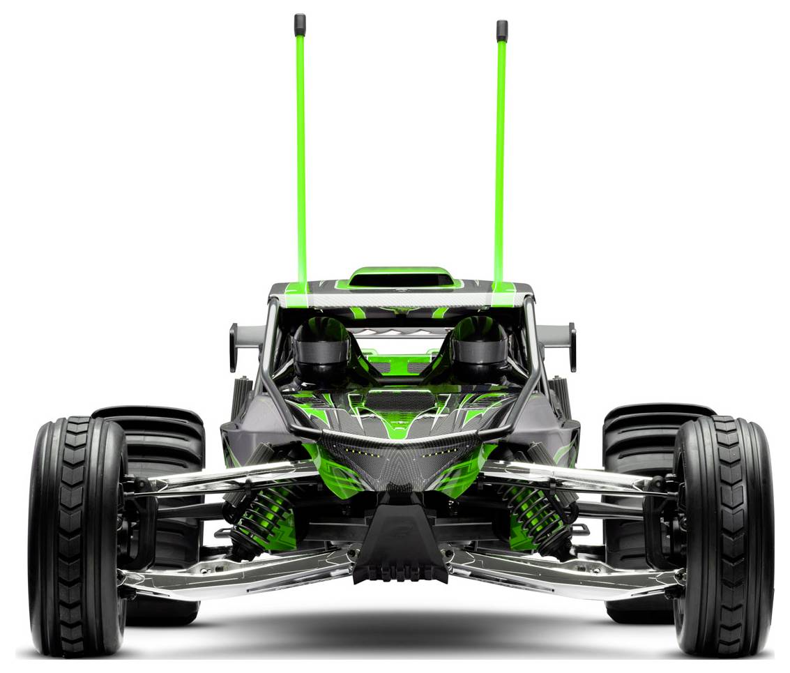 A green and black remote-controlled car is viewed from the front, showing its large wheels, antennas, and sleek aerodynamic design.