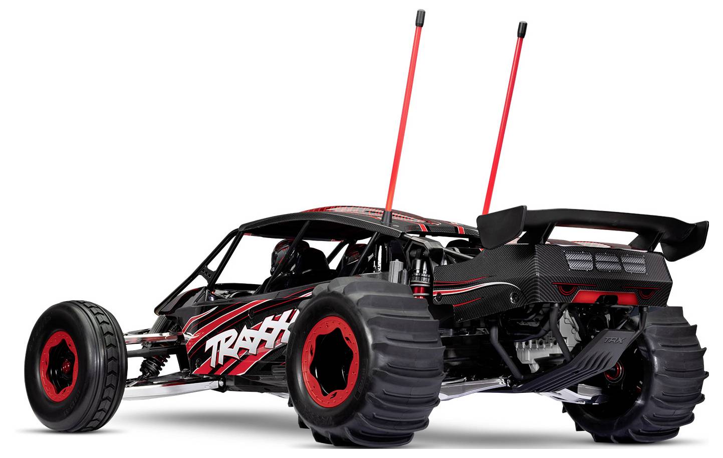 A red and black remote-controlled off-road car with large tires and two antennas, designed for rugged terrain and high-speed racing.