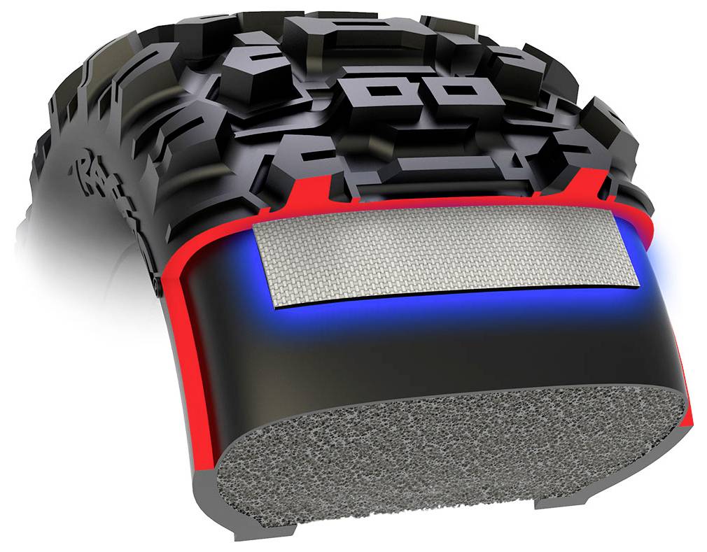 Cross-section of a tire showing layers: black rubber tread with textured lugs on top, red sidewall, gray inner foam layer, and reflective strip.
