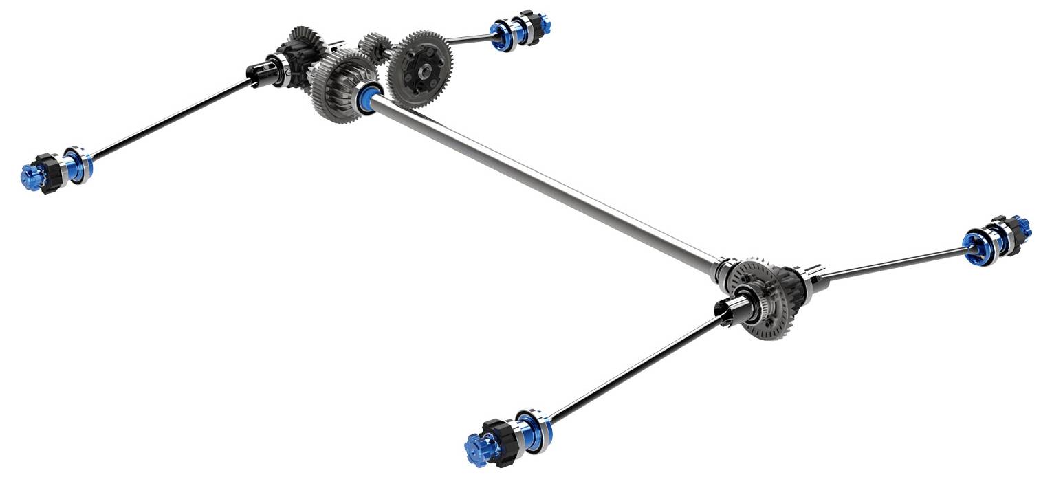 An exploded view of a mechanical gear assembly, showing interconnected shafts and blue-highlighted components for clarity.