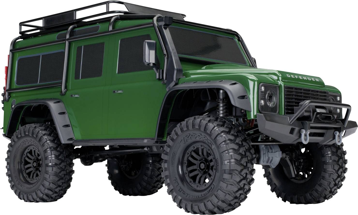 A green off-road vehicle with large tires, a roof rack, and rugged design, angled slightly to the left, showcasing its robust structure.