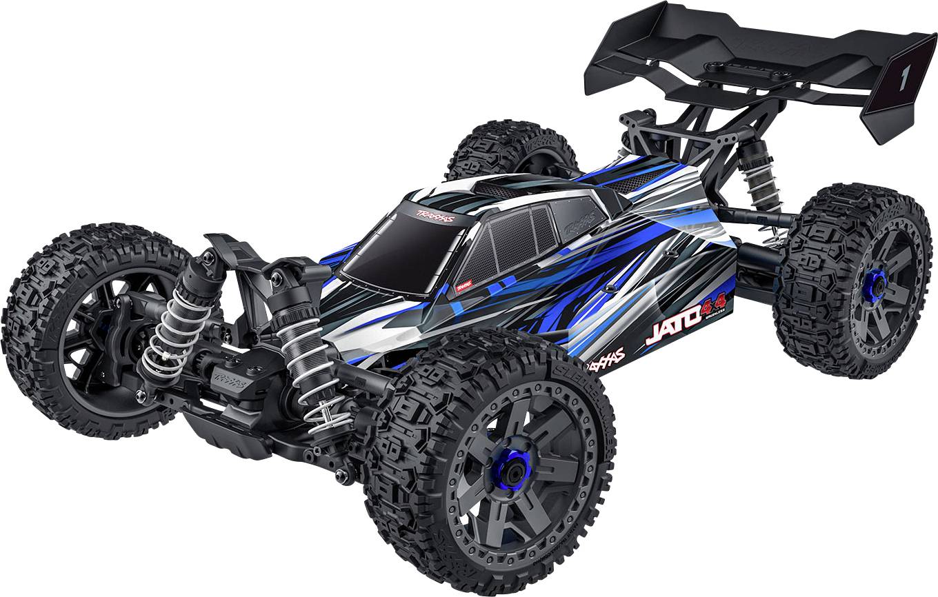 'Blue and black remote-controlled off-road car with large tires and a rear spoiler, designed for high-speed racing and rugged terrains.'