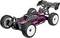 A black and pink remote-controlled car with large off-road tires and a rear spoiler, designed for high-speed racing.