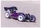 A radio-controlled car with a sleek design and purple accents racing on a smooth dirt track.