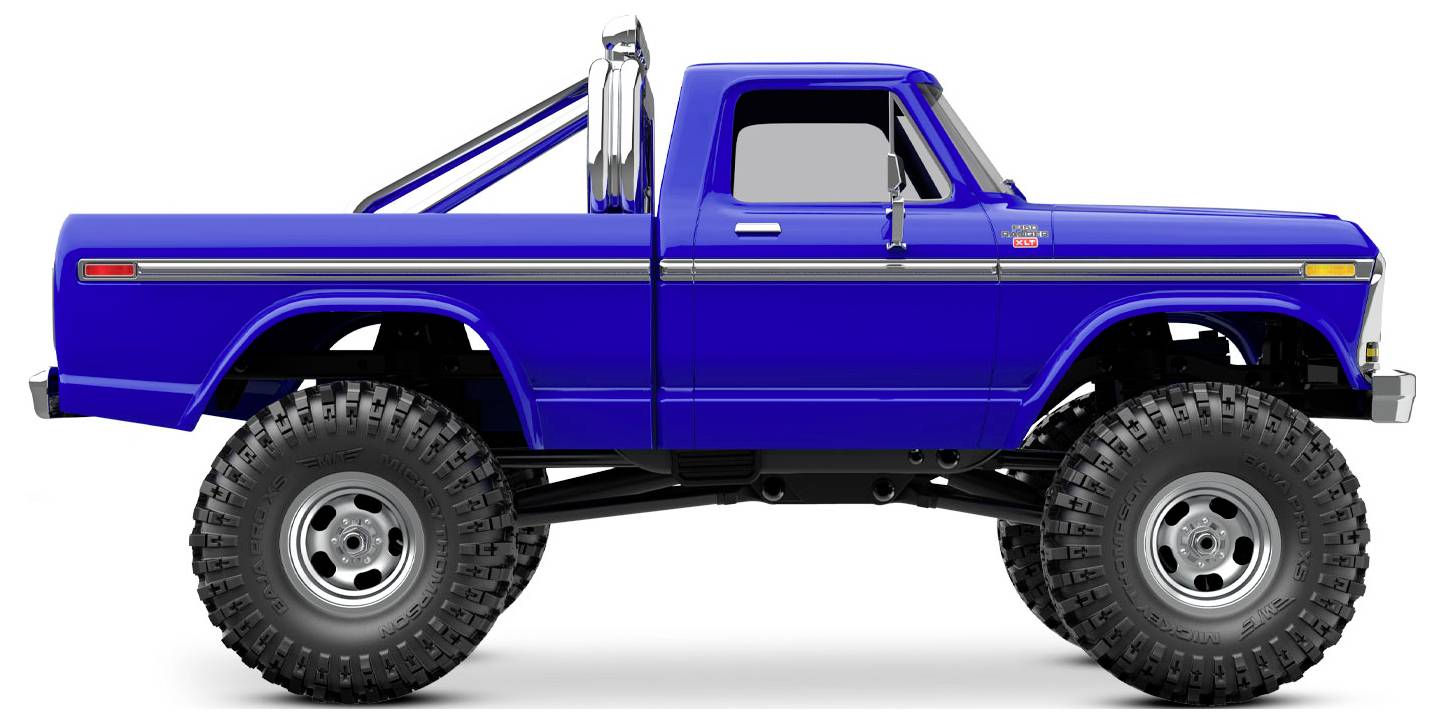 A blue lifted pickup truck with large off-road tires and roll bars against a white background.