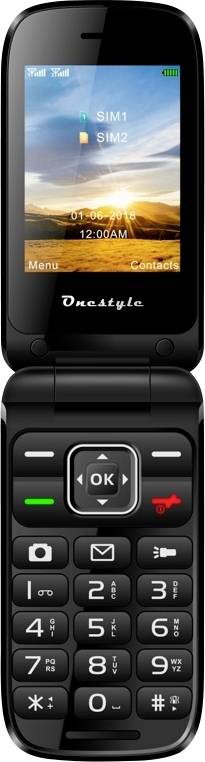 A black flip phone with a numeric keypad, a small screen displaying dual SIM functionality, and time/date. Text says 'Onestyle'.