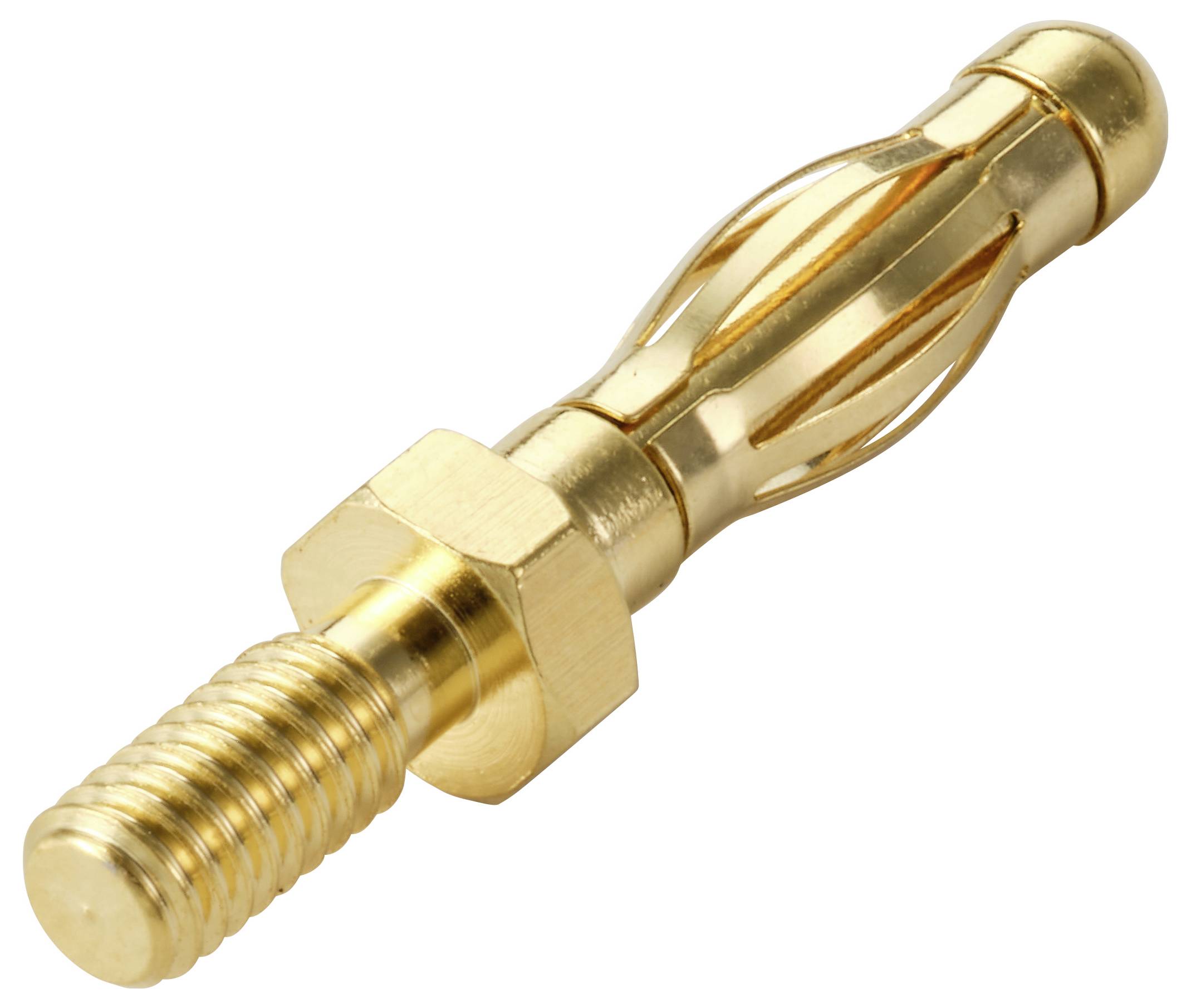 A gold-colored metal bolt with a threaded section and a unique, curved shaft design, often used in specific mechanical or electronic applications.
