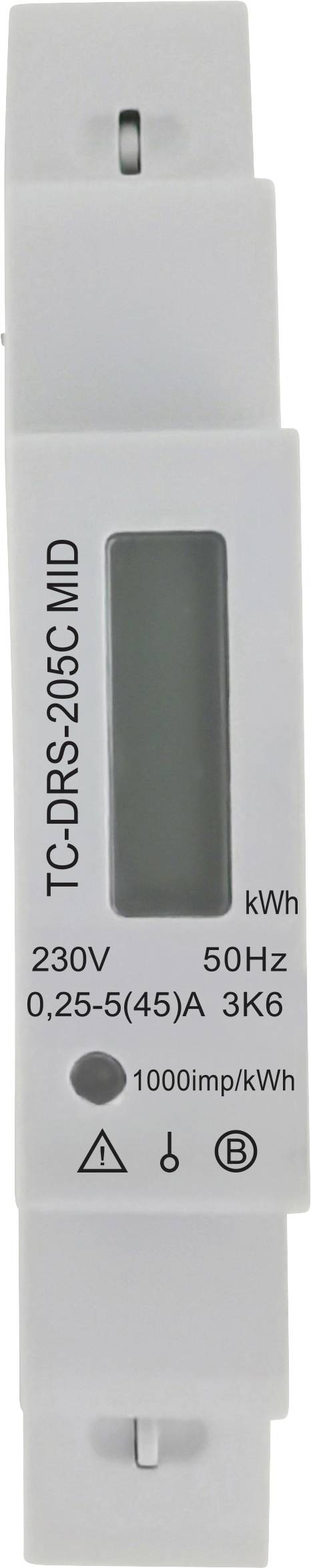 White DIN-rail electricity meter labeled TC-DRS-20SC MID, with digital display window and ratings 230V, 50Hz, 0.25-5(45)A, 3K6.