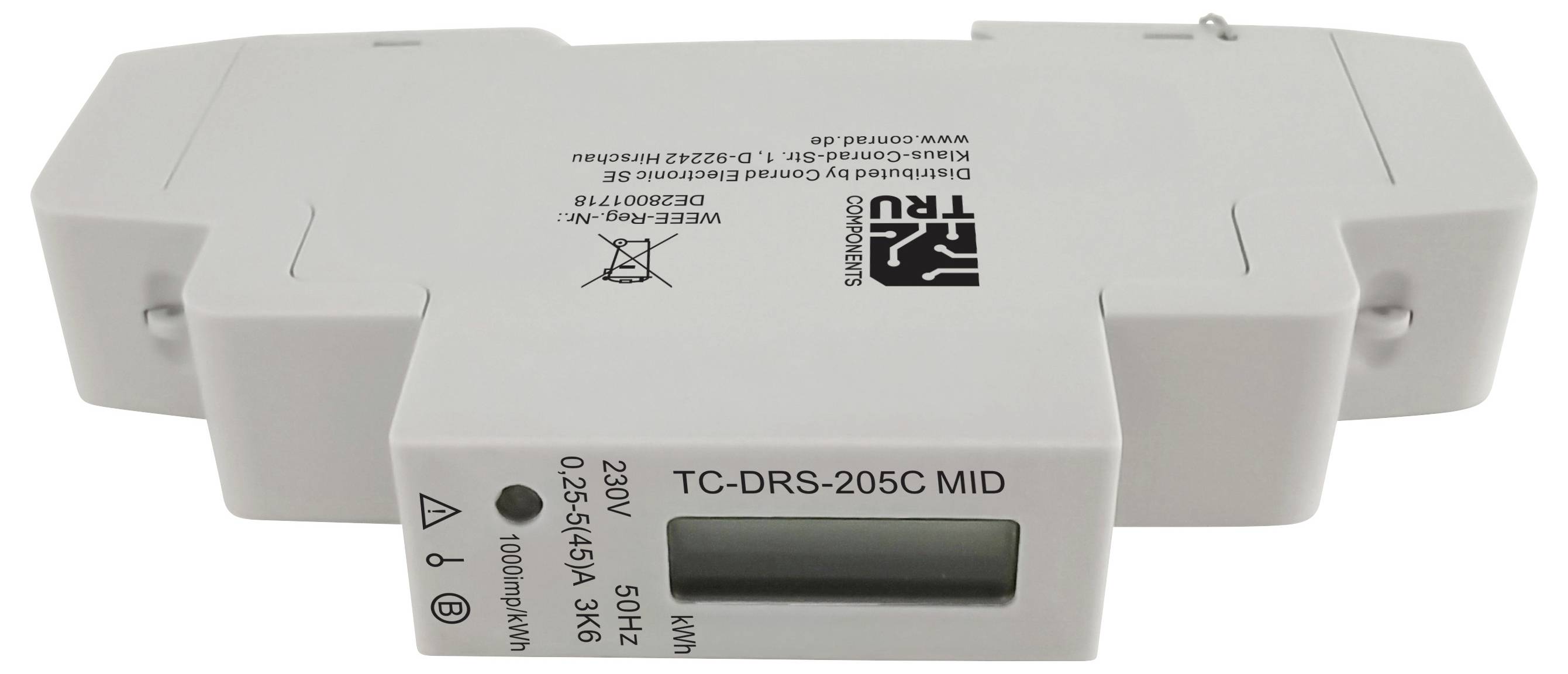 Close-up of a white electronic device or module labeled 'TC-DRS-205C MID' with a small display window and power rating text.