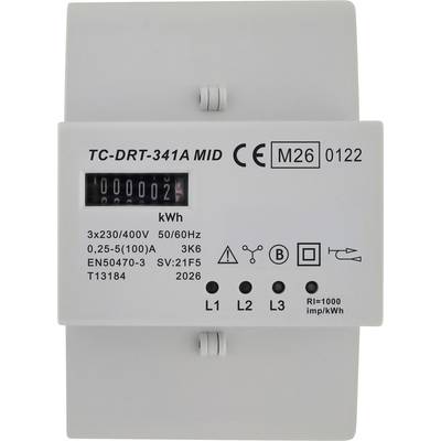 Electricity meter labeled 'TC-DRT-341A MID' with digital kWh display, CE marking, and three-phase indicators L1, L2, L3.