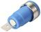 'A close-up of a blue metal push button switch with a silver metal cap, featuring a threaded body and a flat, tabbed terminal.'