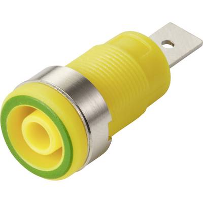 A yellow banana plug with a green ring and metal connector tip, used for connecting electrical wires to various devices and equipment.