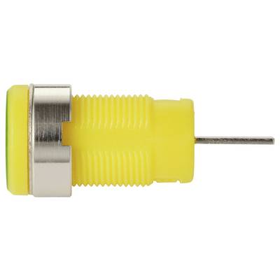 A side view of a yellow arcade button with a metal ring and a pin.