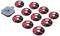 'A set of ten abrasive cutting discs arranged next to a TOOLCRAFT plastic case, designed for cutting metal materials.'
