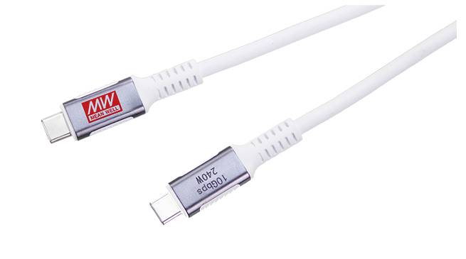 Two white USB-C cables with '100Gbps 240W' labeling, suited for high-speed data transfer and power delivery.