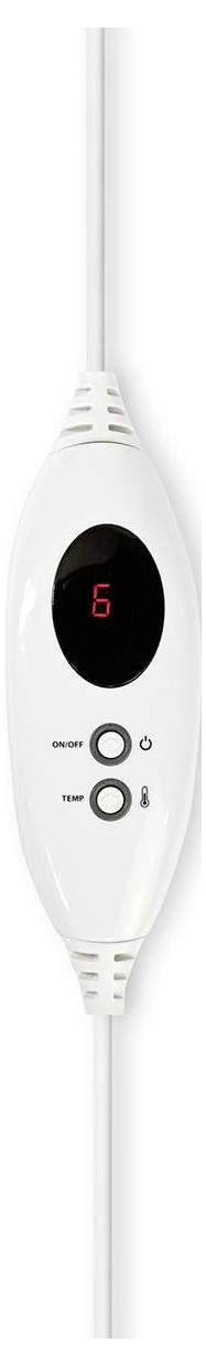 A white electronic control device with a digital display showing the number '6', and two circular buttons labeled with symbols for increasing or decreasing settings.