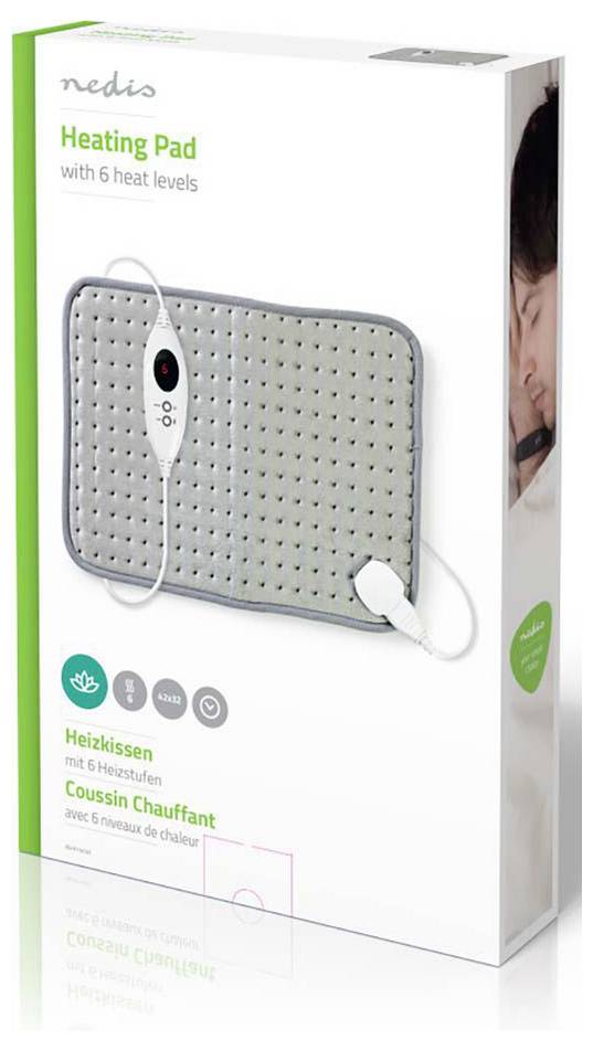 Box of a heating pad showing six heat levels, product image of the pad and control, and a person resting. Text in English, German, and French.