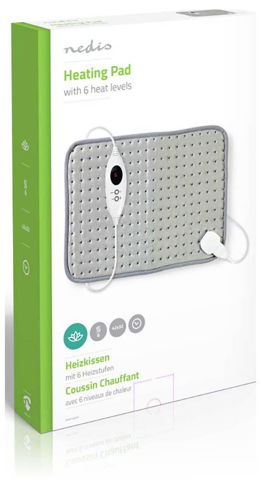 A box with a 'nedis' branded heating pad featuring six heat levels, shown as gray with a white control. The text is in English, German, and French.