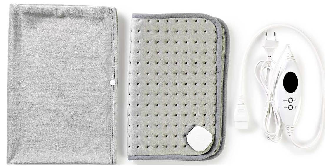 Heating pad set with a cover, pad, and power cord featuring a control switch. The pad has a dotted texture and rounded edges.