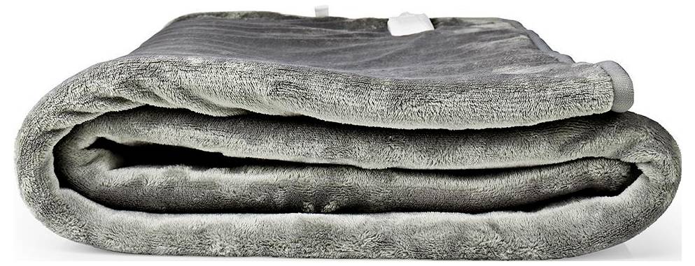 A folded gray plush blanket, featuring a soft, velvety texture and a small white tag on top.