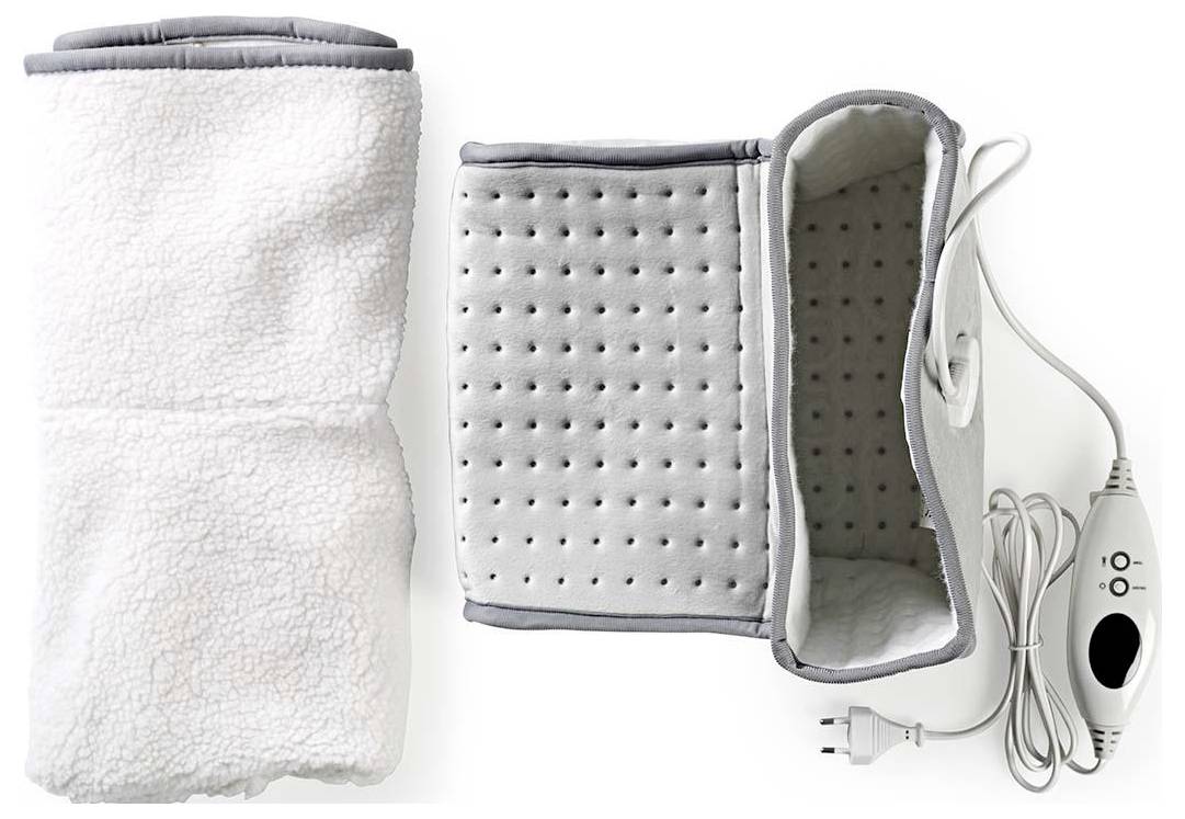 'Heated wrap for neck and shoulders with a textured white fabric exterior, soft grey interior, and a connected remote control.'