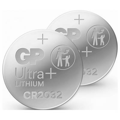 Two silver CR2032 lithium coin cell batteries, labeled 'GP Ultra+' with a safety icon depicting a child and adult.