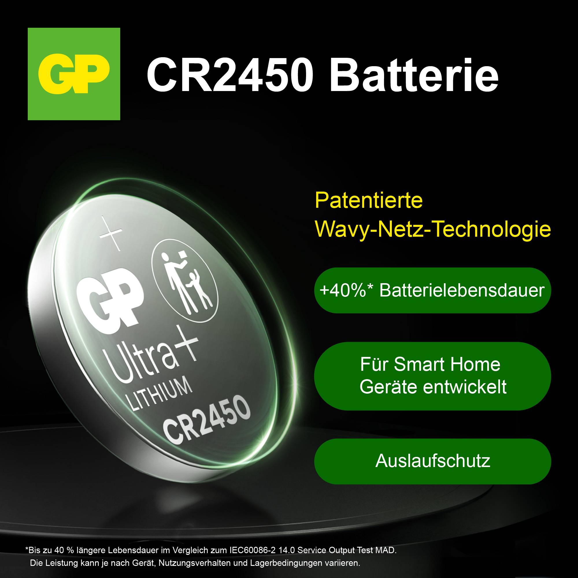 Lithium button cell CR2450 by GP with 'Wavy-Net Technology', offering 40% longer lifespan. Developed for smart home devices, with leak protection.