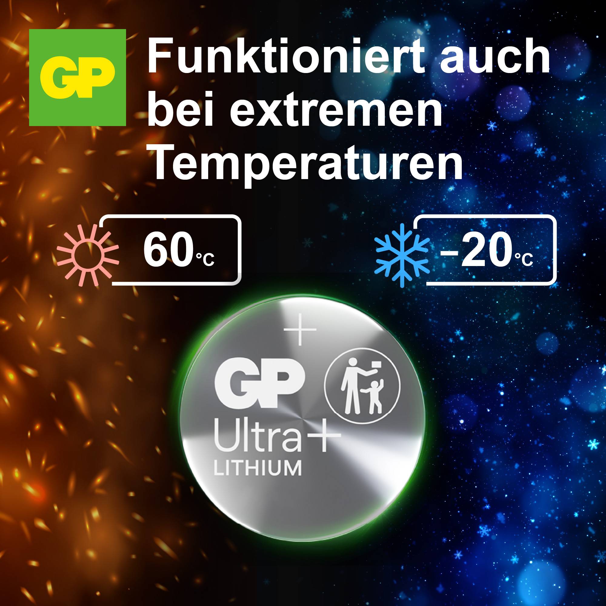 'GP Ultra Lithium' Battery with temperature specifications: Operates at +60°C (Sun) and -20°C (Snowflake). Energy symbolism included.