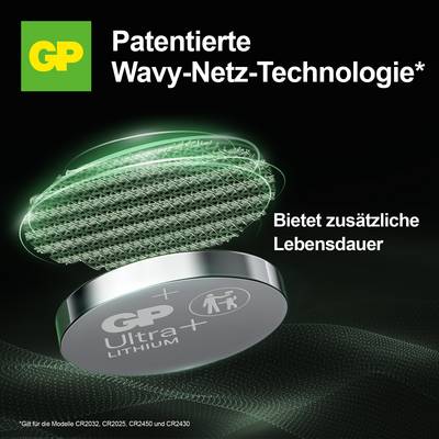 GP battery with patented Wavy Net technology and lithium, offers additional lifespan. Suitable for models CR2032, CR2025, CR2450, CR2430.
