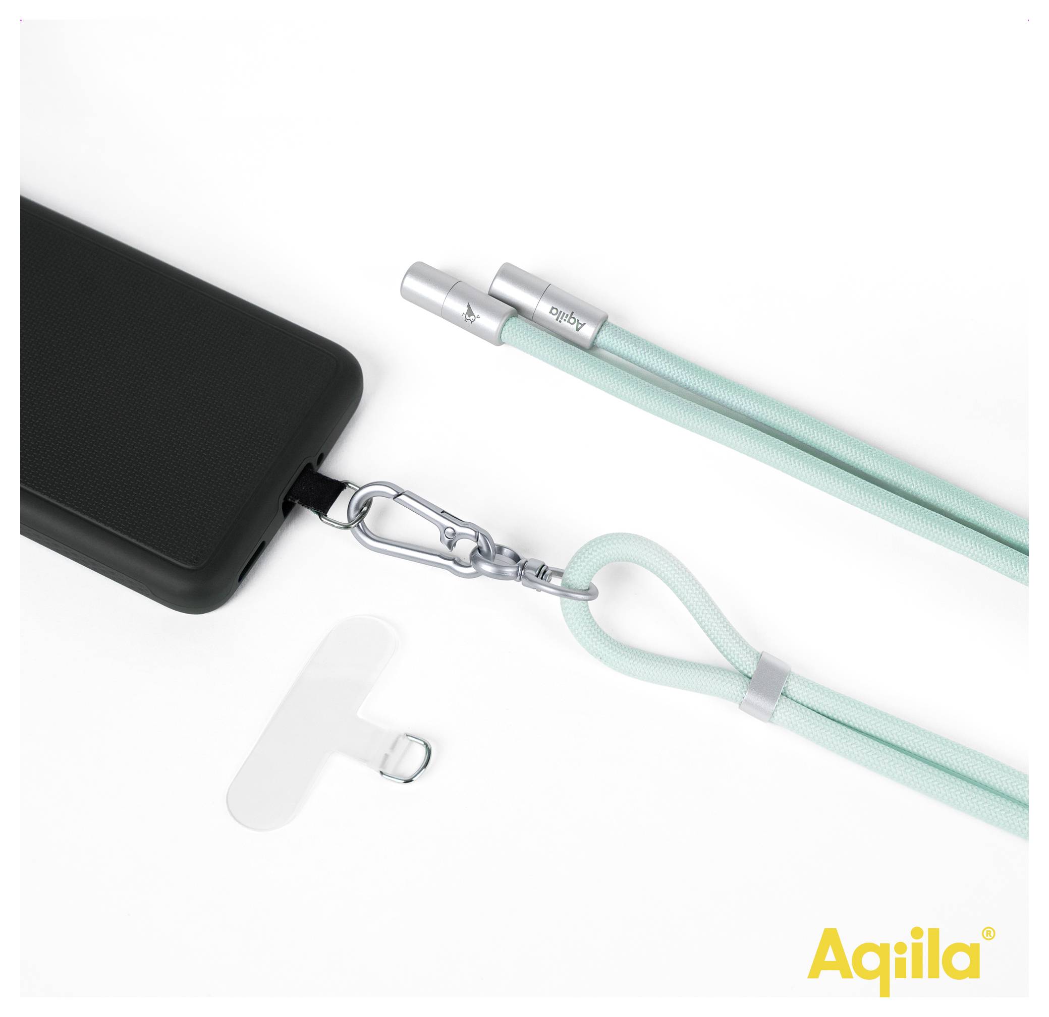 A smartphone with a black case is attached to an aqua-colored strap with silver connectors. The brand name 'Aqiila' appears in the corner.