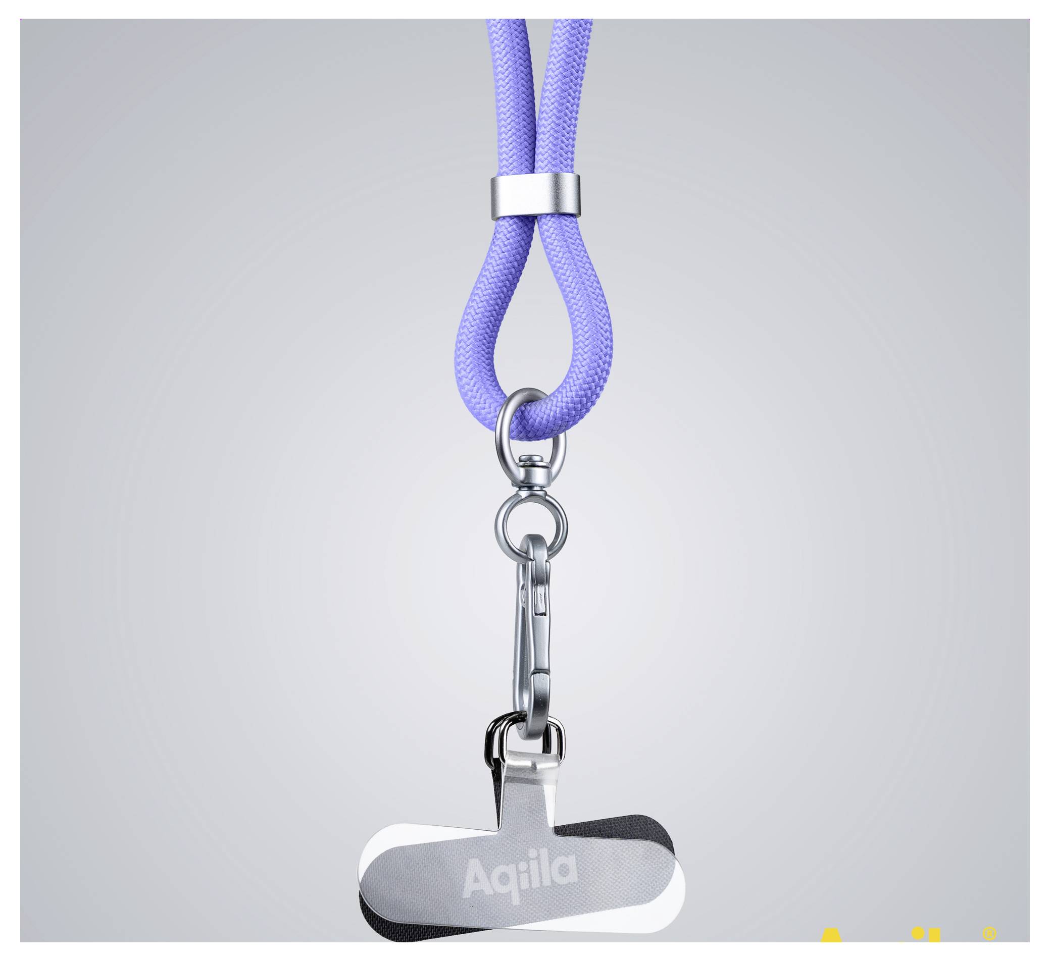 A purple lanyard with a metal clasp hangs against a gray background. The clasp is attached to a keychain with 'Aqiila' printed on it.