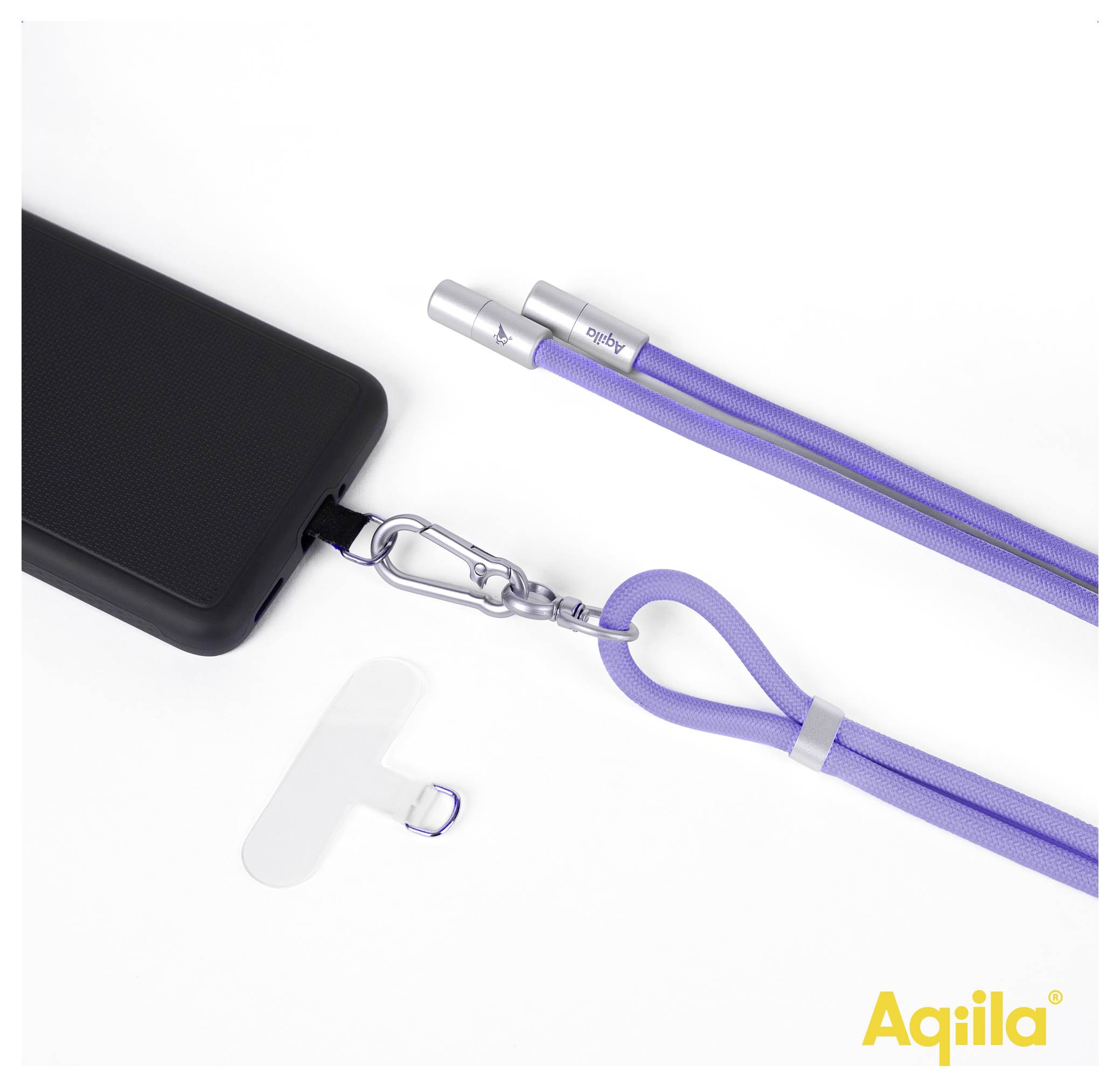 'Aqiila' branded phone lanyard in purple with metal clasps, connected to a black phone case.